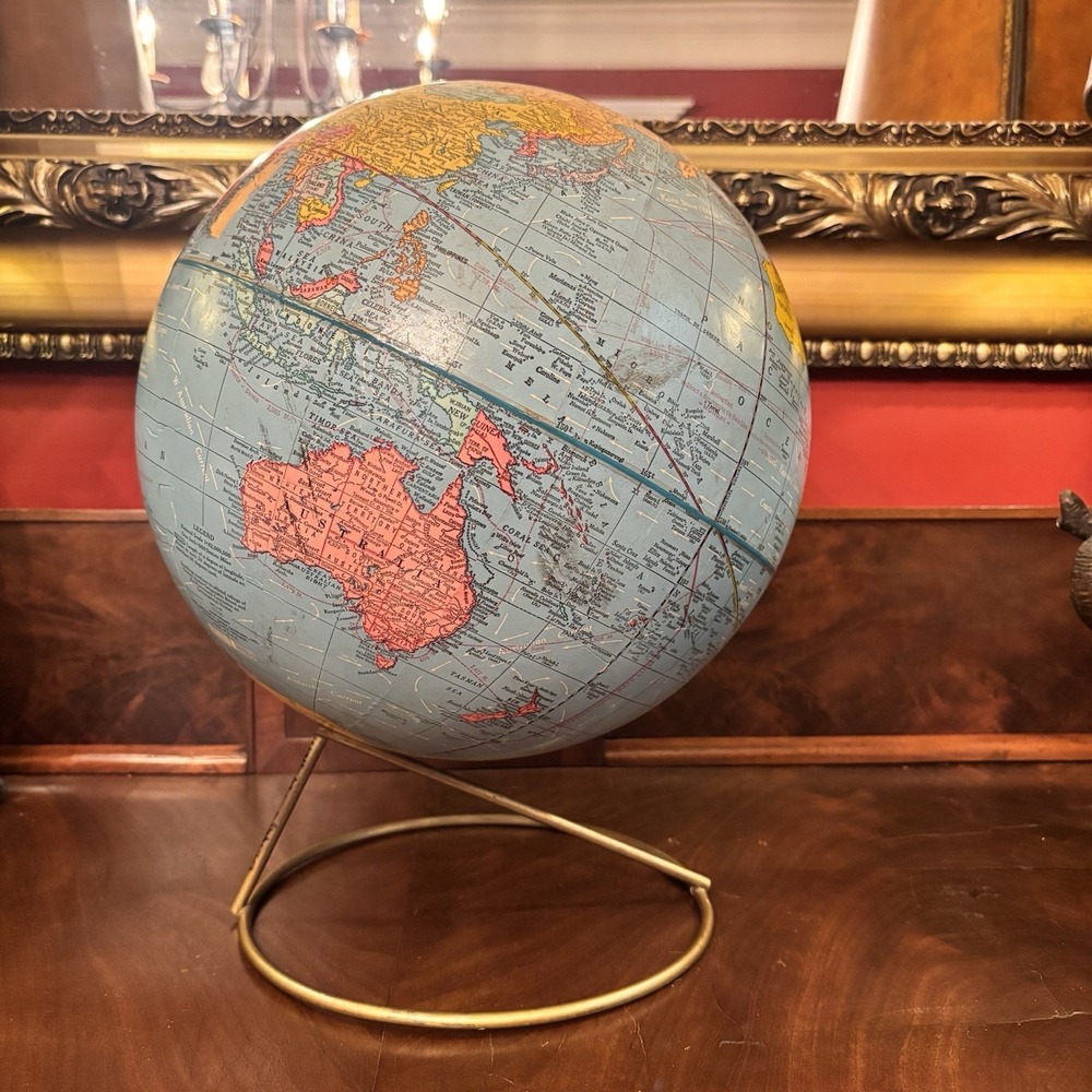 Vintage 1960s Cram's Imperial 12" World Globe Brass Wire Stand Desk Map Decor - Picture 1 of 12